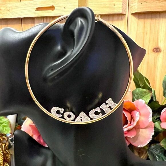 NWT Coach Signature Gold Big 3”Gold Polished Shinny Round Hoop Monogram Earrings - Picture 7 of 12